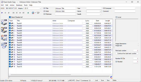 Exact Audio Copy main window with CD tracks loaded