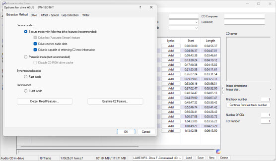 EAC drive options showing secure extraction settings