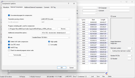 EAC Compression Options external encoder setup for LAME