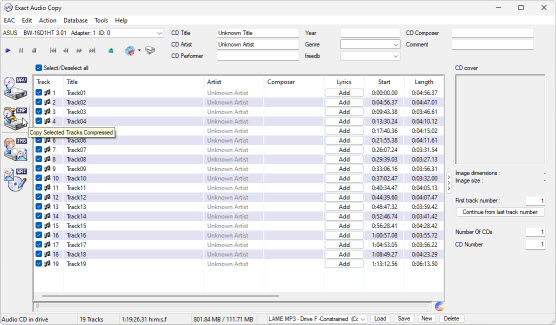 EAC main window showing the CMP button used for compressed ripping