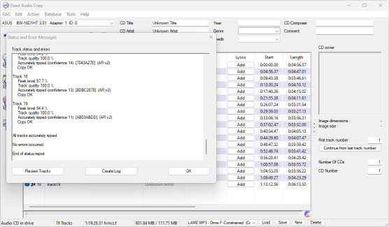 EAC completion log shown after ripping