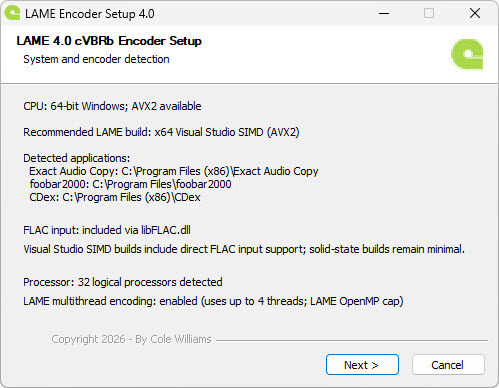 LAME Encoder Setup checking a Windows PC and choosing a recommended LAME build