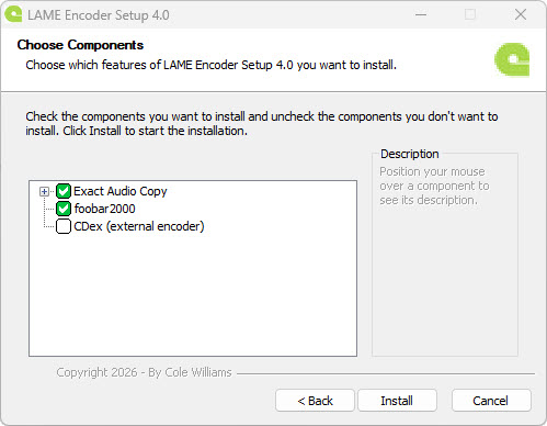 LAME Encoder Setup showing Exact Audio Copy and foobar2000 as detected programs